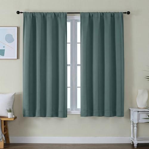 Image of Simplebrand Ava Dark Green Short Blackout Curtains for Bedroom 54 Inches Long 2 Panels Set, Solid Thermal Insulated, Energy Saving Window Treatment Curtains Blackout Drapes, W40 x L54 Inch, Dark Green