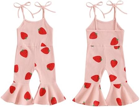 Toddler Baby Girl Romper Overalls Outfit Plaid Jumpsuit Floral Strawberry Birthday Flare Pants Summer Clothes (B5 Strawberry Pink, 12-18 Months) — view 4