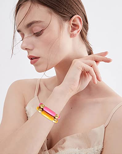 Gold Plated Beaded Acrylic Bamboo Tube Bangle Bracelets For Women, Colorful Chunky Curved Tube With Gold Pieces Beads Stretch Bracelet Friendship Summer Beach Jewelry (P-Orange&Watermelon Red 2Pcs) #TOP4