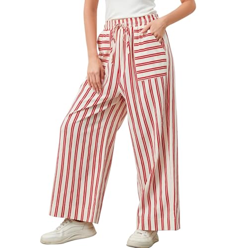 fanmpghleoo Striped Linen Pants Women Summer Drawstring Wide Leg Palazzo Pants for Women Casual High Waisted Linen Trosuers4