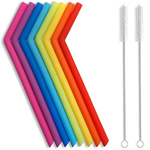 Hiware Reusable Silicone Straws, Long Flexible Silicone Drinking Straws with Cleaning Brushes