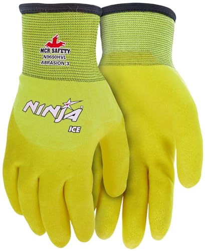 MCR Safety Gloves N9690HVS Ninja® Ice Hi-Visibility 15 Gauge Nylon Insulated Cold Weather Gloves, Acrylic Terry Inner, 3/4 HPT Coating, Yellow, Small, 1-Pair