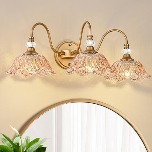 Image of Vintage Bathroom Vanity Light, 3-Light Matte Deep Brass Finish Vanity Light with Flower-Shaped Amber Glass Shades, Retro Wall Sconce for Bathroom