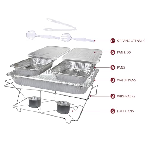 Full Size 39-Pcs Disposable Chafing Buffet Set with 6hr Fuel Cans, Covers, Serving Utensils - Premium Chafing Dish Set for Catering, Events, and Parties - Complete Food Warmer Party Serving Kit