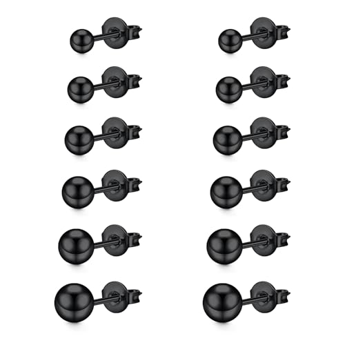 LAURITAMI 6 Paar Ohrstecker Set 3-8mm Kugel Ohrstecker Schwarz 20G Chirurgenstahl Medizinische Ohrstecker Knorpel Ohrstecker für Damen und Herren Mehrfache Piercings Schmuck