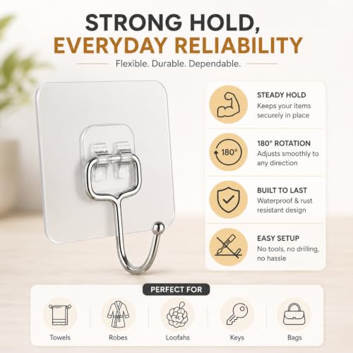 Image of KONVIO NEER Big Transparent Wall Hooks for Hanging - 10 Pack Self Adhesive Heavy Duty Stainless Steel Wall Hooks Without Drilling for Towels, Keys, Kitchen, Bathroom, Home & Office