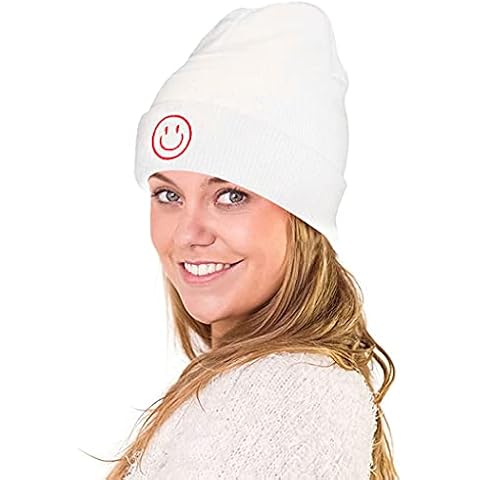 YK-Hat Cuffed Beanie Hats for Men Warm Winter Hats for Women Smiley Face Knit Beanies, White, One size Cover