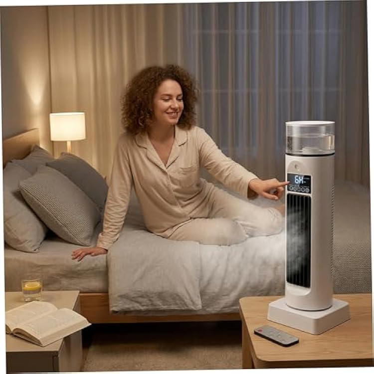 Bladeless Oscillating Tower Fan with Mist Function, Portable Air Conditioning Fan for Bedroom, USB Desktop Cooling with Remote Control, White