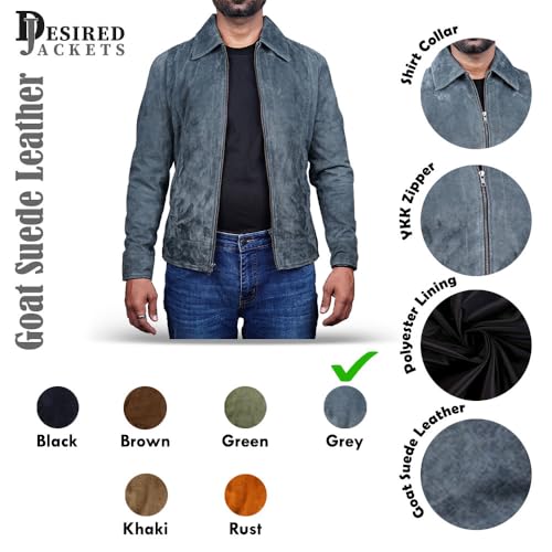 Image of Mens Polo Collar Zipper Suede Shirts Long Sleeve Shacket Suede Trucker Jacket Real Suede Leather Shirt