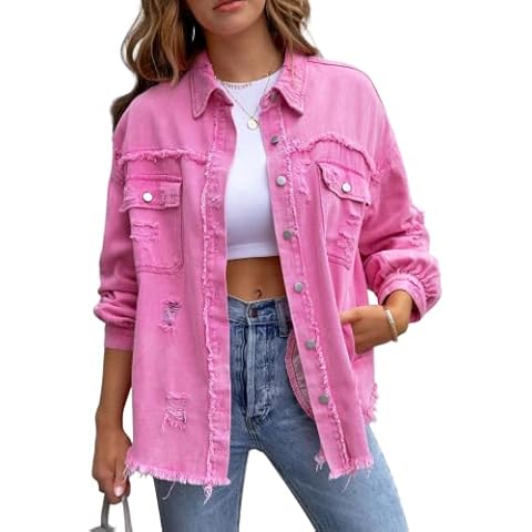 PUWEI Ripped Fringe Jean Jacket Women Distressed Washed Button Down Frayed Denim Shacket with Pocket(2536-Pink-S) Cover
