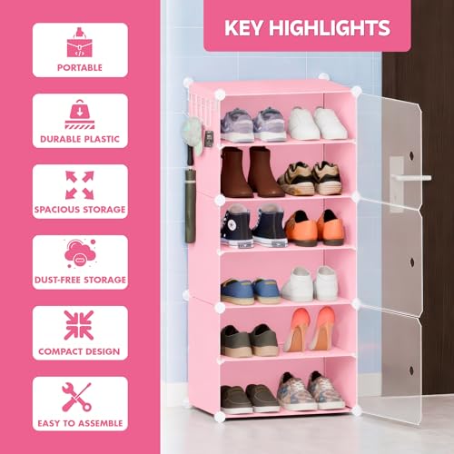 Image of amazon basics DIY Foldable Shoe Rack | 6 Layer Plastic Shoes Rack with Door Cover | Multipurpose Stand for Home & Entryway Pink