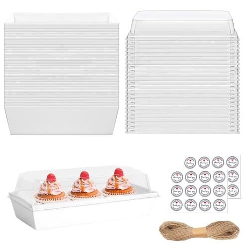 PFAMKEER 100 Pack Small Charcuterie Boxes with Clear Lids,Mini Charcuterie Box, Disposable Food Containers, 7Inch Cookie Boxes for Sandwich，Sushi，Bakery，Dessert，Cake Slice，Strawberries (White)