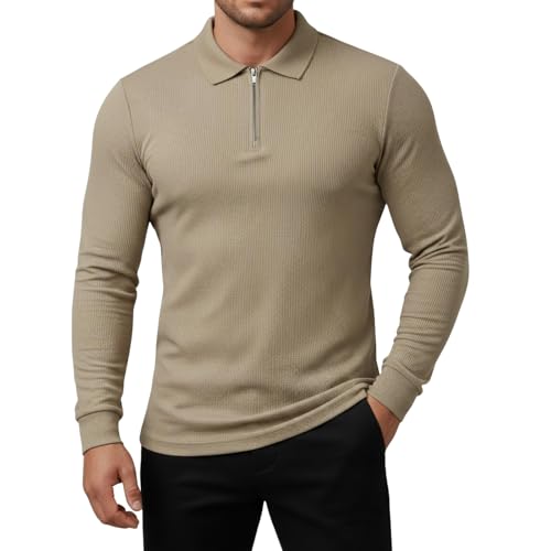 Image of Mack Jonney Men's Premium Ribbed Half-Zip Polo T-Shirt | Long Sleeve Soft Stretch Fabric | Stylish Casual & Smart Wear Top-M6783
