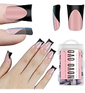 NOVO OVO Black French Tip Short Duck Nail Tips Press on, BABY PINK Pre-designed Soft Gel Nail Ext...