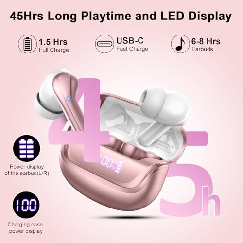 Image of Nerunsa Wireless Earbud, Bluetooth 5.3 Headphones in Ear Stereo Bluetooth Earbuds Built in Mic, Wireless Earphones with LED Power Display and USB-C Charging, Mini Earbud with IP7