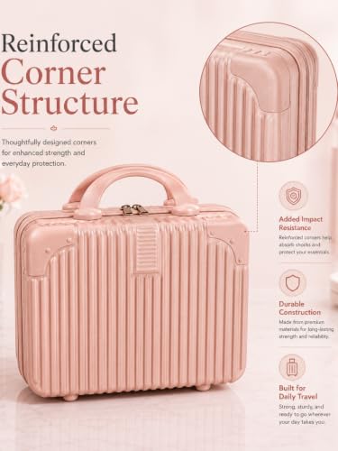 Image of BLUE BEADS Travel Makeup Case with Lock & Luggage Strap, ABS Hard Shell Cosmetic Vanity Case, Portable Makeup Organizer for Women, Beauty Storage Box for Makeup & Toiletries (Peach, Model 3)