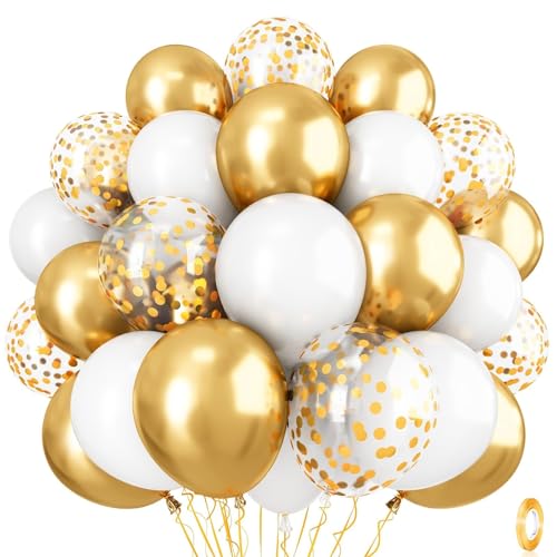 Metallic Gold Balloons Set, Pack of 35 12 Inch White Gold Confetti Latex Balloon, Gold and White Birthday Party Balloons for Women Girls Wedding Engagement Bridal Shower Party Decorations