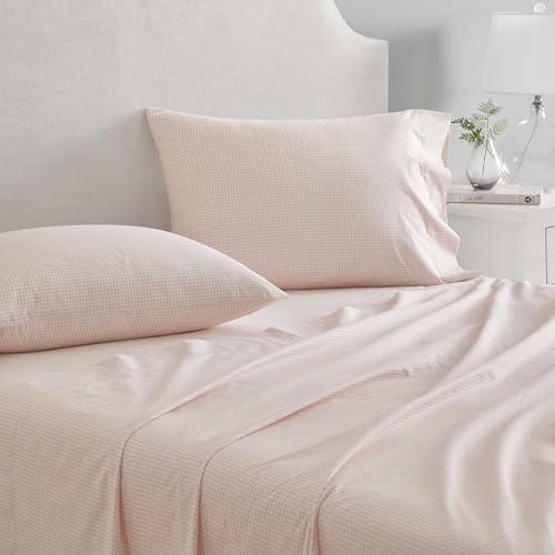 Image of Martha Stewart - Twin XL Size Sheet Set, Breathable Cotton Percale Bedding with Matching Pillowcase, Fully Elastic Fitted Sheet, Deep Pocket, Crisp & Cooling All-Season Comfort (Small Gingham Pink)