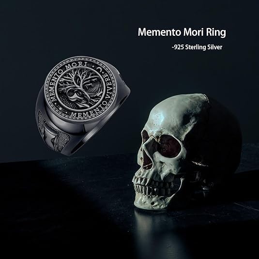 Memento Mori Anello da uomo in argento Sterling 925 con albero della vita nero, teschio Memento Vivere, amuleto, regalo misura 8, Argento sterling, Nessuna pietra preziosa
