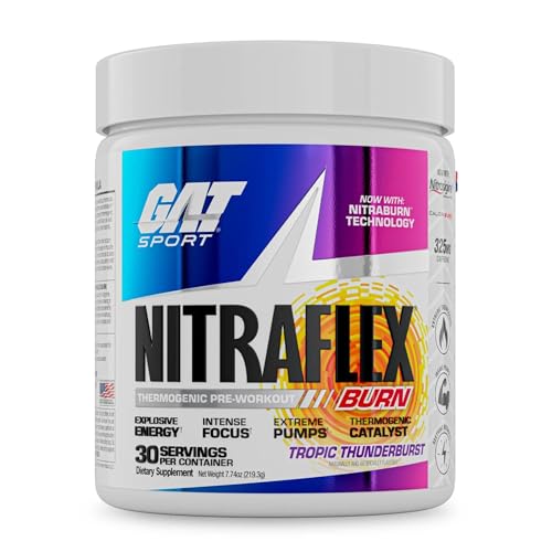 GAT SPORT NITRAFLEX Burn, Pre Workout Thermogenic Powder, Tropic Thunderburst, 30 Servings