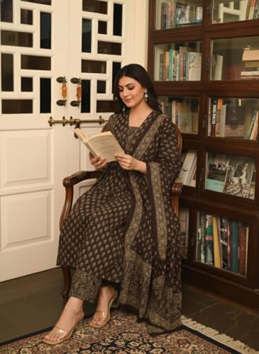 Image of ANNI Designer Women's Viscose Printed A-Line Kurta Set with Pant and Dupatta | Ethnic Wear Dress | V-Neck | 3 /4 Sleeve Indian Traditional Outfit for Women