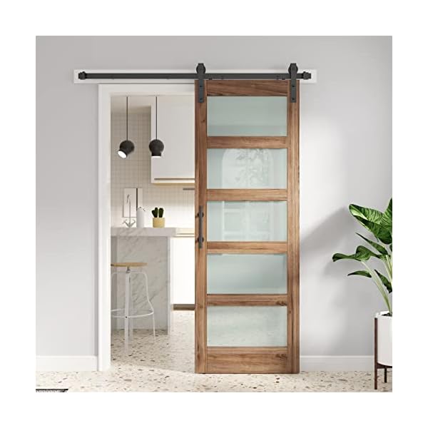 FREDBECK 32 x 84 inch Glass Barn Door with 5.5FT Barn Door Hardware Kit & Handle Included,5-Panel Frosted Glass,MDF Wood Panel,Water-Proof PVC Surface,Pre-Drilled Holes,Need Assembly