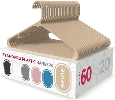Sharpty Plastic Hangers Clothes Hangers for Clothing, Closet, Coats & Shirts - Durable, Thick, Tough & Space Saving - for Everyday Standard Use, Room Essentials & Basics - 60 Pack - Beige
