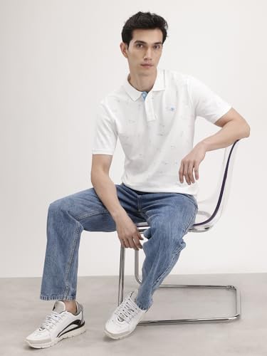 Image of WROGN Men's 240 GSM Cotton Pique Polo T-Shirt | White All-Over Print | Slim Fit