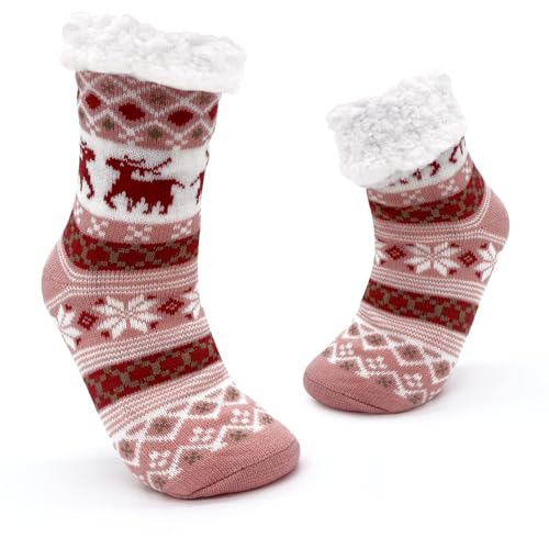 JOMIX Chaussons Chaussettes Femme Noël Chaussettes Antiderapantes pour Femme d'hiver épaisses et Chaudes à la Maison (Rose, 36-42)