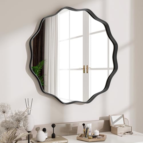 VETROVUE Round Wavy Mirror, 20 Inch Metal Frame Circle Mirror,