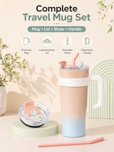 Image of Arova Stainless Steel Insulated Travel Mug 1200ml with Handle & Straw | Double Wall Vacuum Tumbler with Lid | Leak Proof Large Coffee Mug for Office, Car, Gym | Hot & Cold Thermal Cup (Beige)