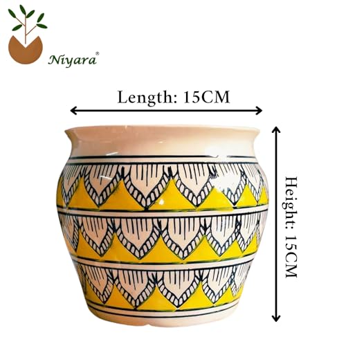 Image of Niyara Ceramic planters pots for Indoor Outdoor Home, Garden Office Decor Balcony Planters Gamla Flower Size Small 6 inches (Yellow Handpainted)