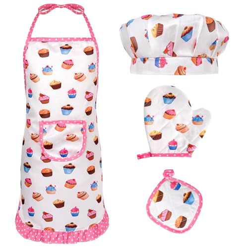 Tgsedr Delantal infantil con gorro de cocinero, delantal infantil con bolsillos, delantal para hornear, gorro de panadero, guantes de horno, delantal para niños, delantal de cocina, hornear, pintar