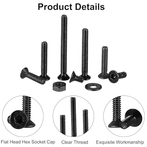 FandWay 410Pcs M2 Bolts and Nuts Set,Countersunk Machine Screws, DIN 7991 Allen Screws,Black Bolts and Washers Set 10.9 Grade Alloy Steel Fully Threaded With 1 Allen Key.