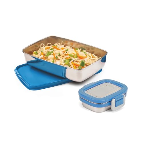 Image of SignoraWare Munch Mate Stainless Steel Lunch Box | Airtight & Leakproof | Durable & Compact | Easy to Carry | Ideal Tiffin for Office, School & Travel (850ml + 160ml | TBlue)
