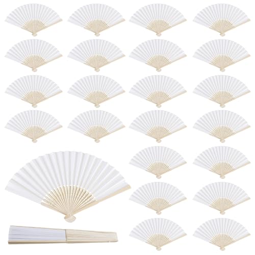 WANDGU 24 abanicos para boda: elegante abanico de mano blanco, abanico de papel plegable, ideal para invitados de boda y decoración, abanicos de bambú y papel, juego para ocasiones festivas, 21 x 37