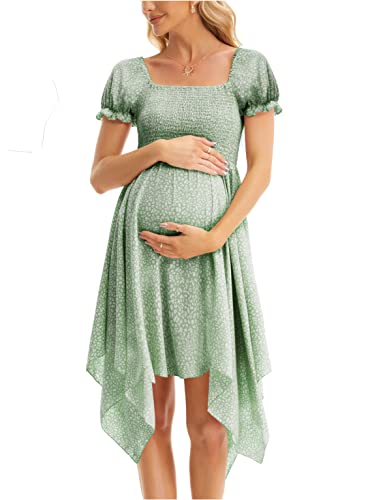 Maternity Summer Short Puff Sleeve Floral Maternity Dress, Square Neck Flowy Irregular Hem Baby Shower Dress Green L #TOP5