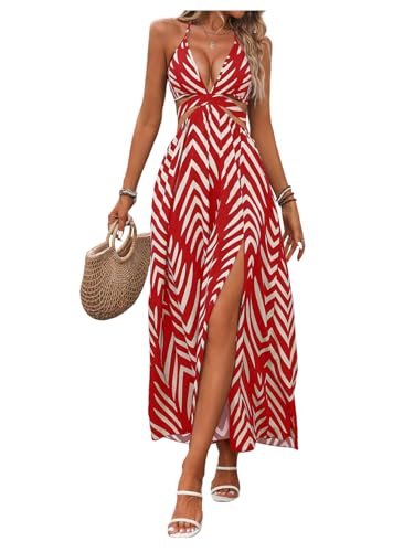 Image of SOLY HUX Women's Tie Backless Cut Out Halter Dress Deep V Neck High Split Long Flowy Dresses