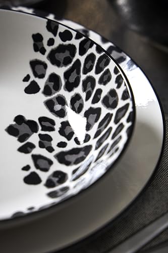 Delys 546151 Tafelservice aus Porzellan, 18-teilig, für 6 Personen, flache Teller, Suppenteller, Dessertteller, Farbe: Schwarz, Motiv Leopard