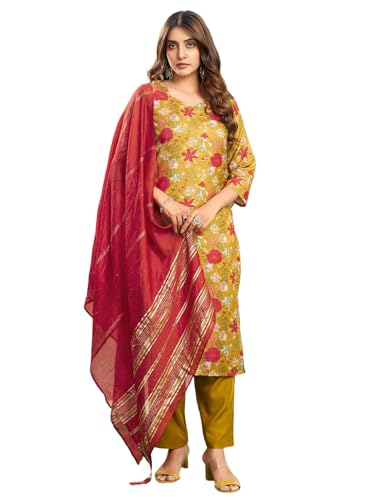 Sanisa Women's Cotton Blend Floral Printed Straight Kurta With Pant And Dupatta Set (221Kbd2342N-Xxl_Mustard Yellow & Multi)