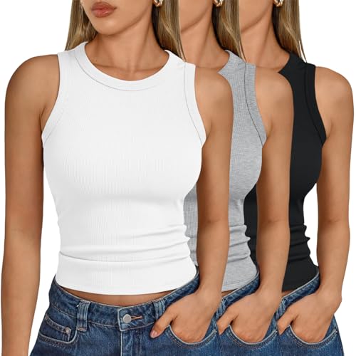 SUNBS Womens 3 Pack Tank Tops Summer 2025 Sleeveless Racerback Ribbed Workout High Neck Basic Trendy Fashion Clothes