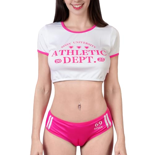 Littleforbig Varsity Gym Bralette Set with Built-in Camel Toe Tucking Gaff Shorts Feminine College Sports Outfit XL