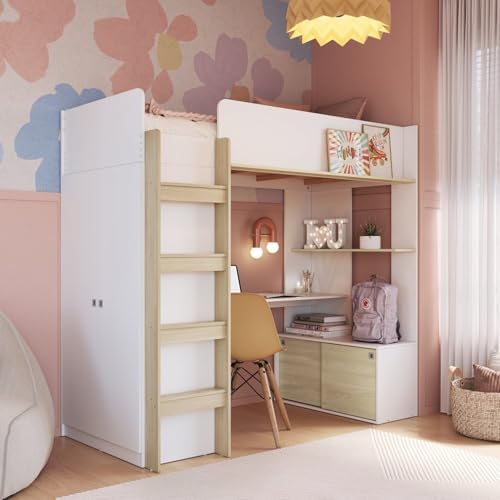 Cama Elevada Multifuncional com Armário e Escrivaninha Branco/Car...