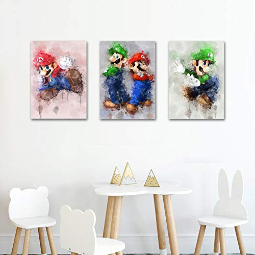 Canvas Art Gaming Wall Decor Video Game Posters For Boys Room Brothers Wall Art Cartoon For Bathroom Wall Decor Artwork Abstract Watercolor Painting Art Picture For Boys Kids Room Decor Unframed #TOP3