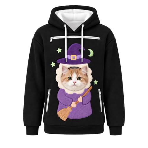 Halloween Cat Hoodie For Men,Pet Carrier Pouch Hoodies,Witch Cat Pullover - image 2