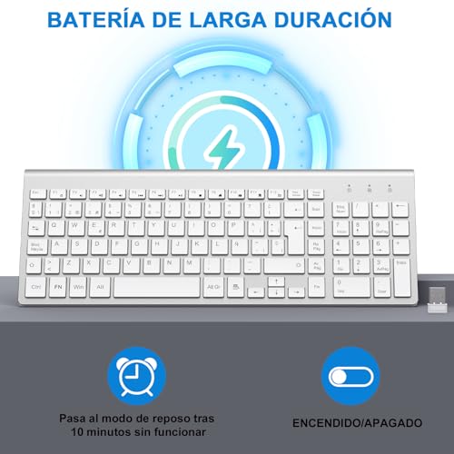 Miniatura 6 de Cimetech Teclado Inalámbrico, 2.4g Qwerty Español Layout, Usb Teclado De Ordenador Con Teclado Numérico Y Teclas Ergonómicas Para Desktop Pc Laptop Surface Smart Tv Notebook Y Windows - Plata