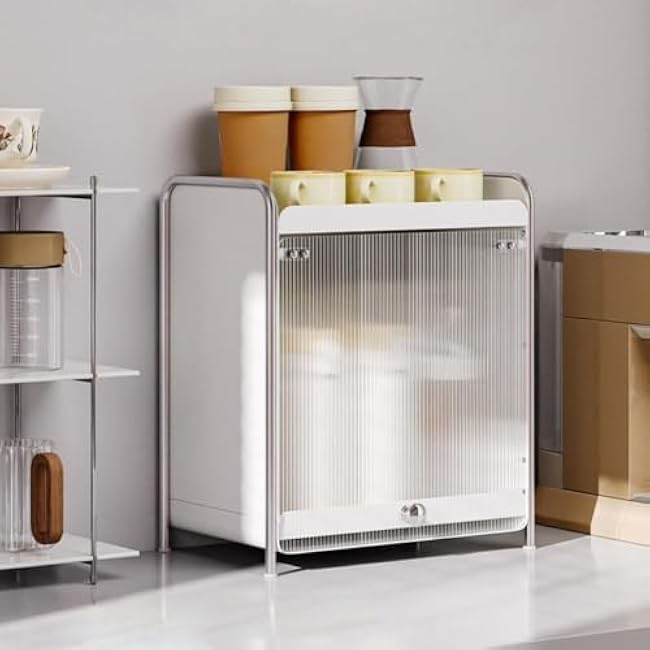 Acrylic Cup Storage Organizer with Flip-Up Door Countertop Mug Rack Cabinet with Pull-Out Tray for Kitchen Office & Vanity Beautiful