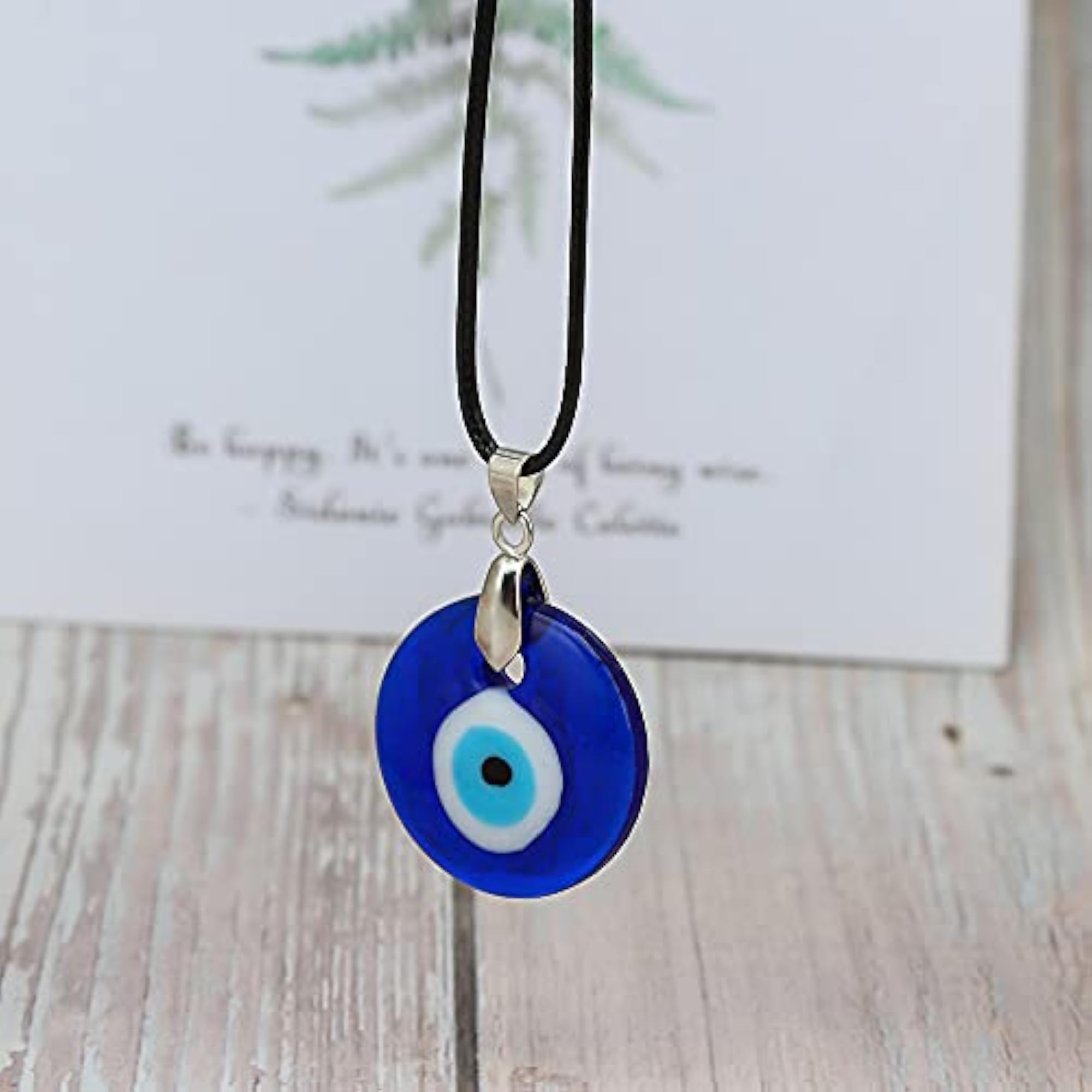 Evil Eye Pendant Necklace, Glass Leather Rope Chain