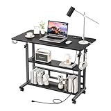 Adjustable Height Standing Desk with Power Outlets, Rolling Stand Up Desk with Storage Shelves, 31.5" Small Mobile Computer Desk, Portable Laptop Table (Black)