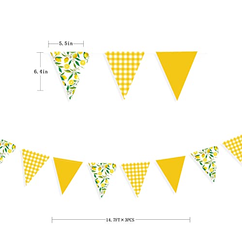Image of 44 Ft Lemon Party Decorations Yellow Plaid Floral Lemon Banner Bunting Hanging Paper Triangle Garland Streamer for Wedding Bridal Shower Engagement Bachelorette Baby Shower Birthday Party Supplies